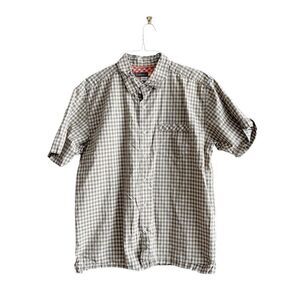 Quiksilver Mens Plaid Regular Fit Cotton Button Up Shirt Tan White Large